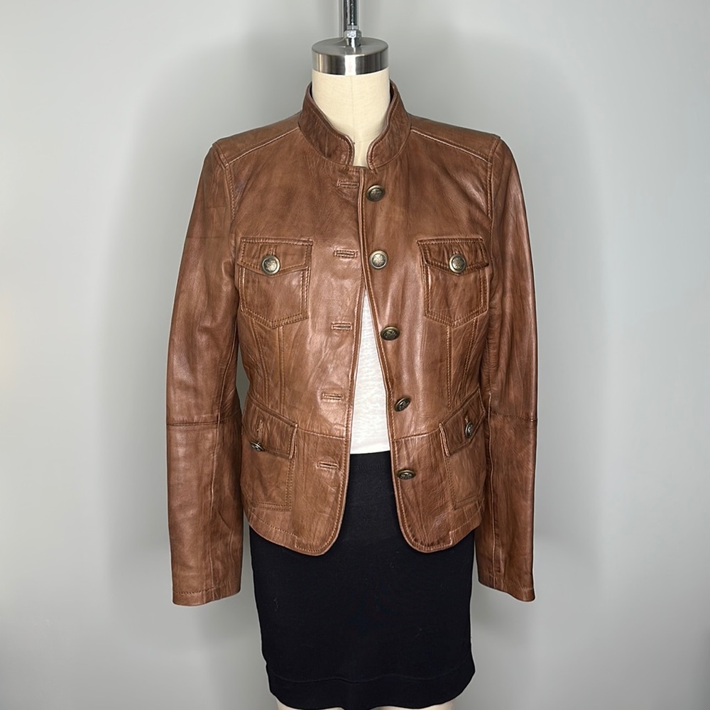 Express - Button Front Brown Leather Jacket- Size… - image 1